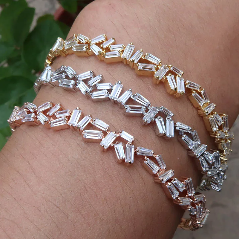 

new Fashion AAA cubic zirconia Baguette bracelet thin bangle cuff copper base with Gold-Color