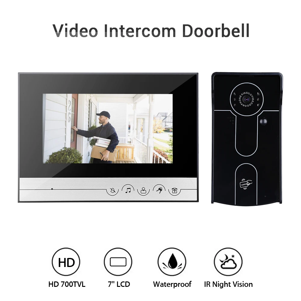 

7" 700TVL Wired Video Doorbell Door Monitor Security Visual IR Night Vision RFID Ring Bell Intercom Remote Unlock Waterproof