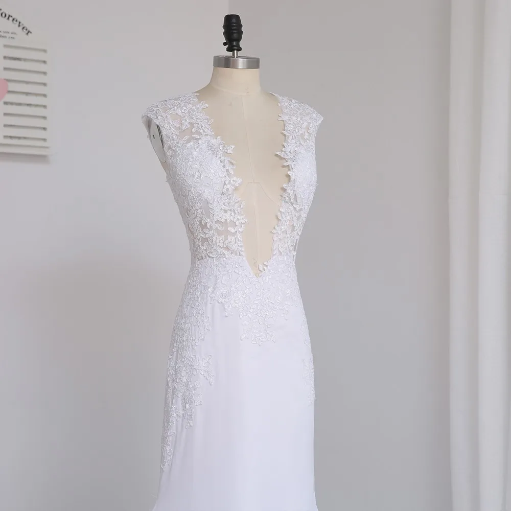 Deep V-neck Floor Length Cap Sleeve Lace Vintage Wedding Dress