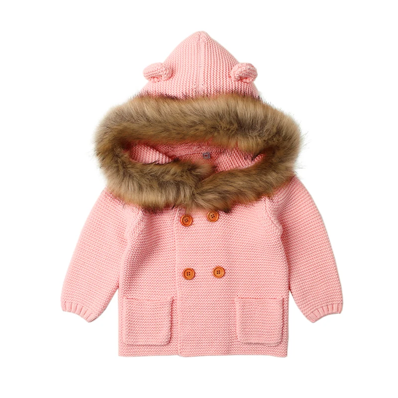 Детский вязаный кардиган; сезон осень-зима; свитер со съемным меховым капюшоном для новорожденных мальчиков; трикотажная одежда для девочки; цвет розовый; детская одежда с длинными рукавами