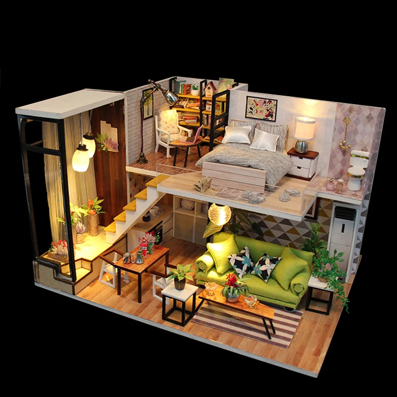

DIY Model Doll House Miniature Dollhouse with Furnitures LED 3D Wooden House Toys For Children Birthday Handmade Crafts M030 #E
