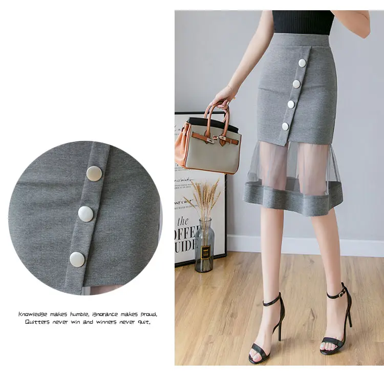 S-5XL New Women Skirt High waist Mesh patchwork Mermaid Skirt Slim Sexy Pencil Skirt Elegant button Office Ladies Skirts