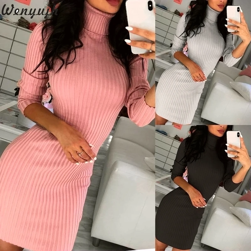 

Wenyujh Women Autumn Casual Sweaters Long Sleeve Turtleneck Knitted Stretchable Elasticity Sweater Female Slim Bodycon Dress