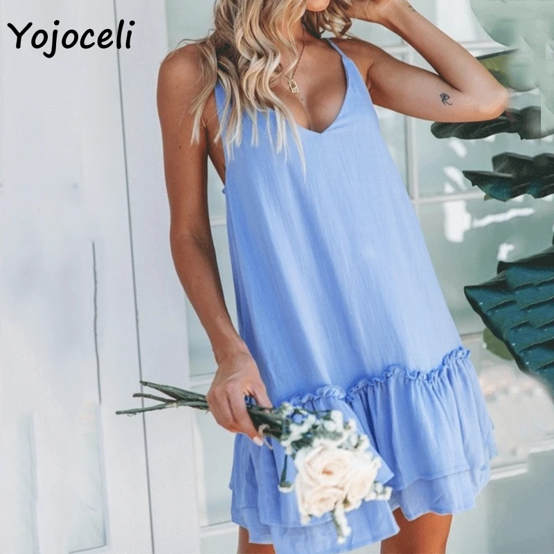 

Yojoceli 2019 summer ruffle boho beach dress blue casual sundress loose female vestidos