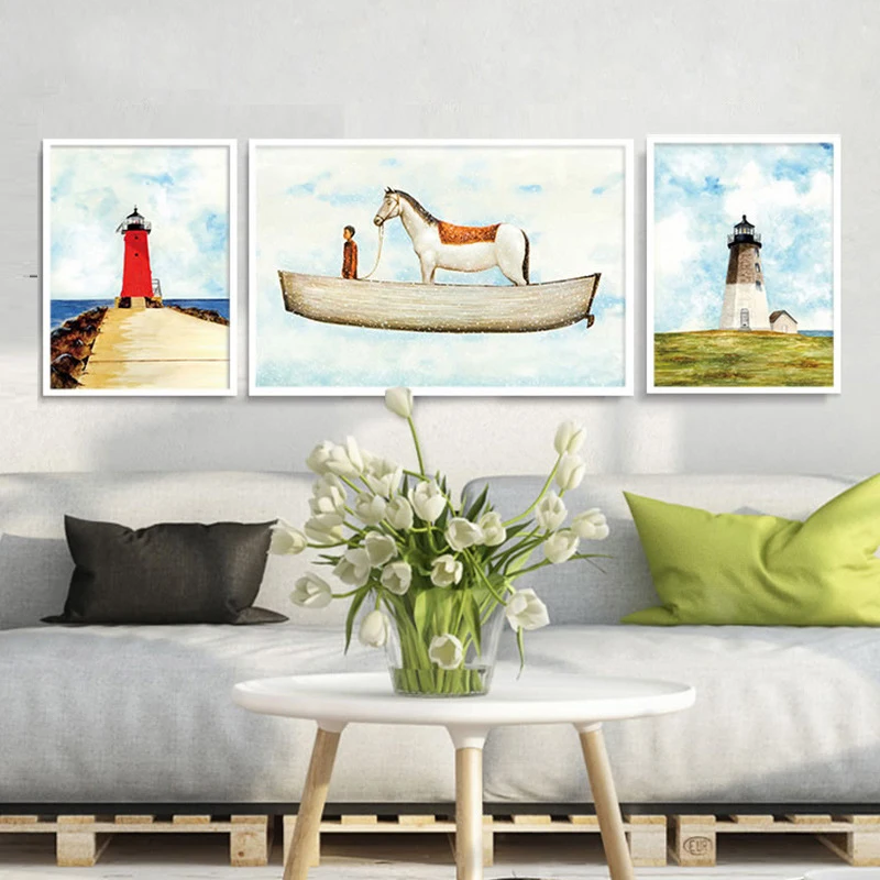

Nordic Style Home Decorative Canvas Art Lighthouse Oil Painting Horse Wall Pictures For Living Room No Frame Poster Nordic