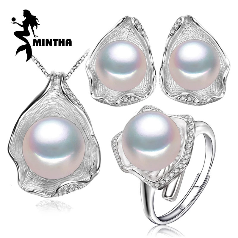 MINTHA, 925 пробы, серебряные серьги, натуральный жемчуг, ювелирные наборы для женщин, богемный дизайн в виде ракушки, серьги-гвоздики, вечерние, кольца