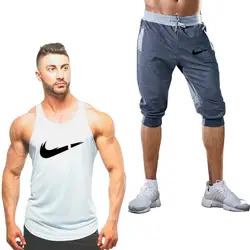 2019 новый летний Для мужчин комплект из 2 предметов спортивный костюм короткие брюки + на бретелях комплект из 2 предметов тренировочный