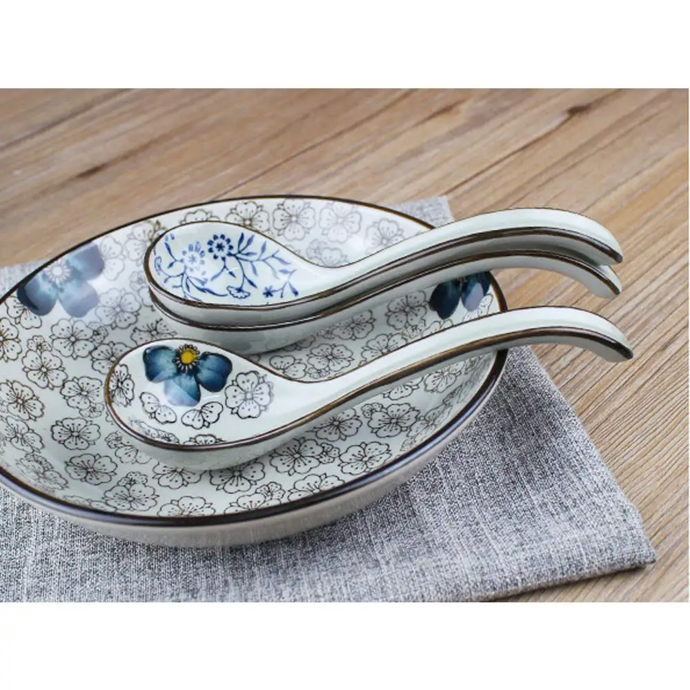 

4Pcs China Chinese Style Ceramic Spoon Children Rice Scoop Spoon Kitchen Tableware Stir Spoon Soup Spoons Blue Dinner For Kids