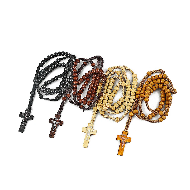 Buy 12pcs/Lot Wooden Rosary Bead Cotton Chain Wooden Jesus Cross Pendant