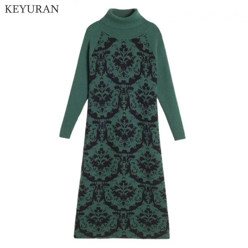 Женские вязаные пуловеры больших размеров, свитер, длинное платье, женские винтажные платья с цветочным принтом, модные женские платья L2746 - Цвет: Зеленый