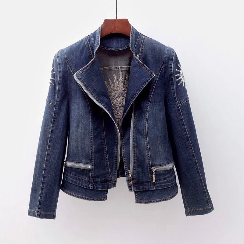 

Embroidery Sequin Denim Jacket Women Spring Autumn Korean Plus size Zipper Slim Casual Jeans Jacket Women Basic Coat Outerwear
