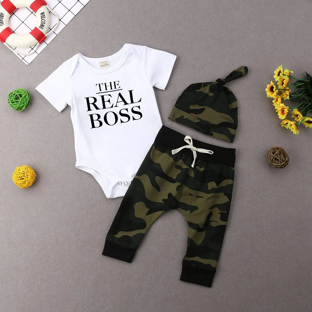 

Toddler Baby Short Sleeve Letter Romper+Camouflage Pants+Headbands Set Outfit Comfortable Kids Clothing 3 Pieces Sets