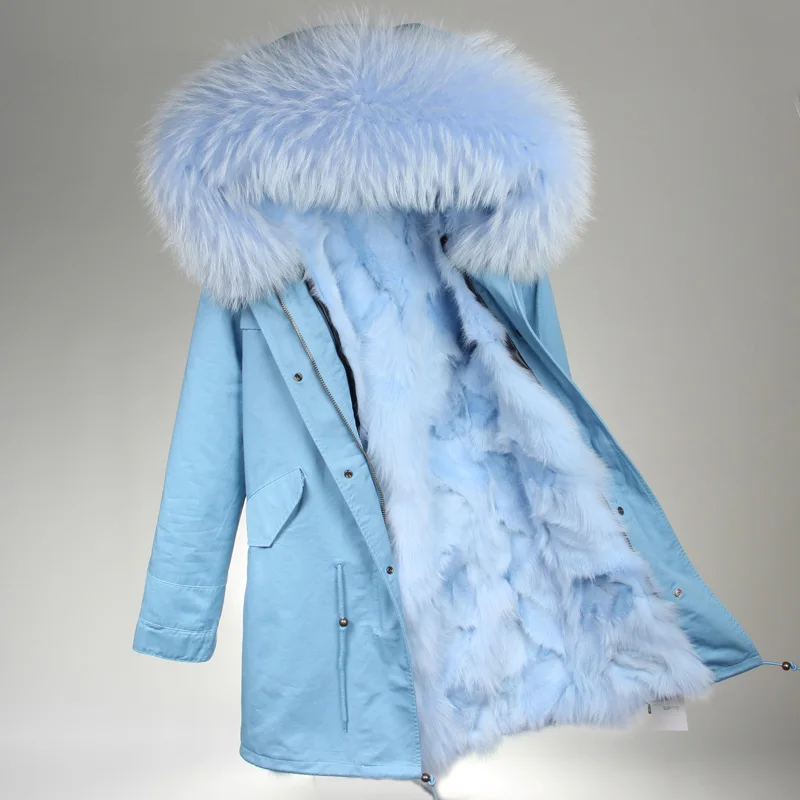 MAOMAOKONG; большие размеры; зимние сапоги на натуральном лисьем меховые парки мороженое опушка из лисьего меха длинная куртка пальто mujer для Для женщин - Цвет: sky blue