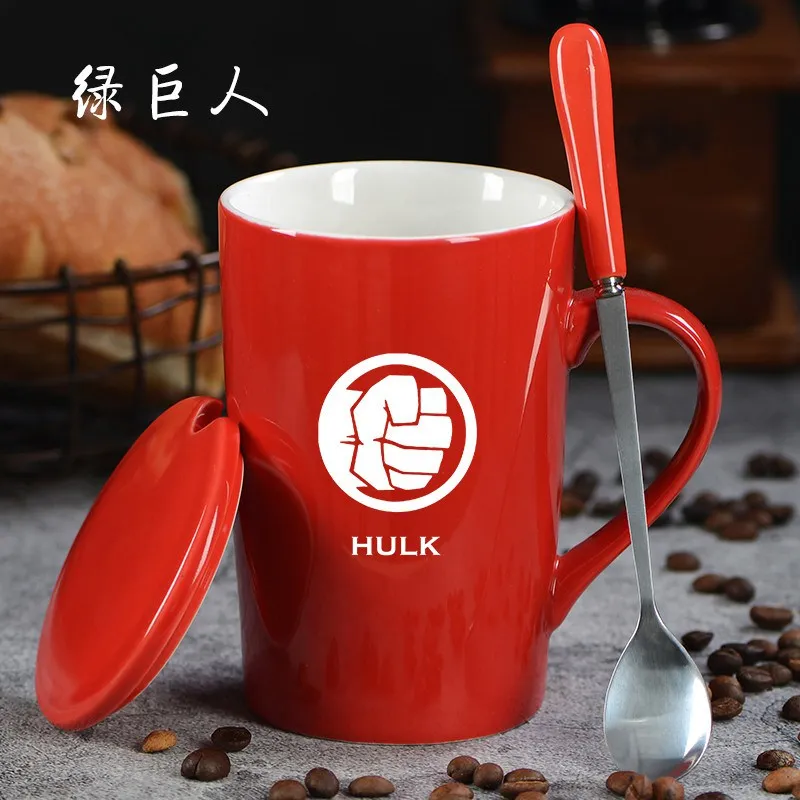 Красная керамическая кофейная кружка «мстители» с крышкой и ложкой, 400 мл, супергерой, Человек-паук, Железный человек, Тор, чайная чашка с молоком, посуда для напитков - Цвет: 13
