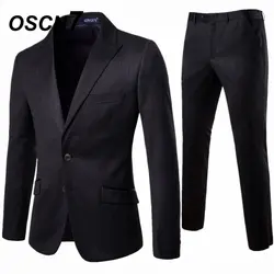 OSCN7 заостренный лацкан Slim Fit 2 шт. костюмы для мужчин 2019 жених Свадебные для черный флип карман из двух частей простой костюм XF008