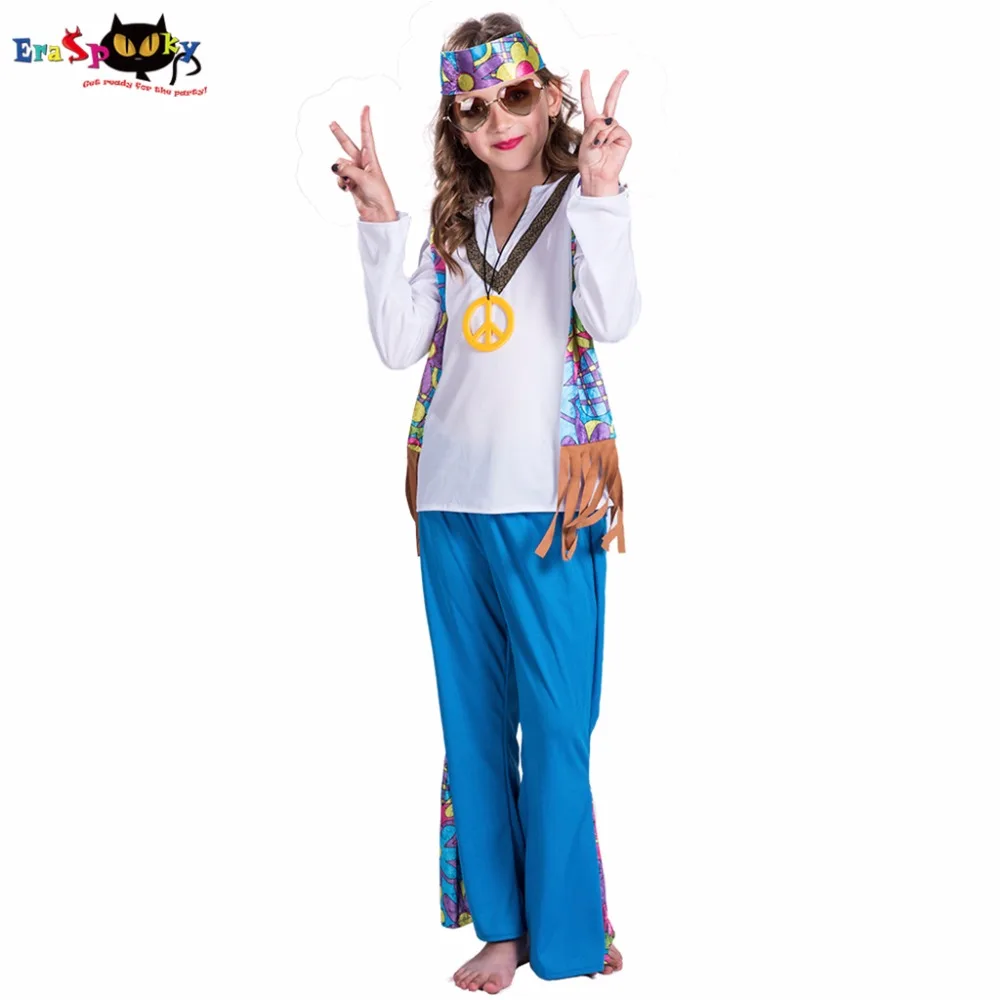 

Eraspooky 70s Retro Love and Peace Hippie Cosplay Girls Halloween costume for kids Carnival Party Fancy Dress Top Pants