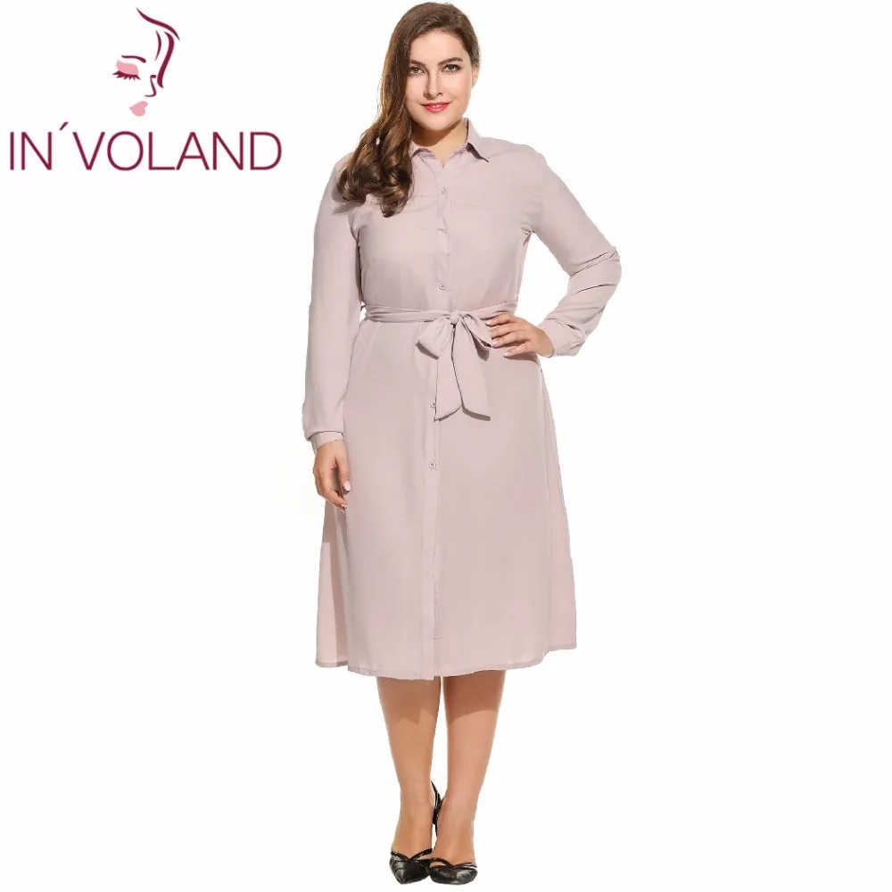 

IN'VOLAND Women Dress Plus Size Spring Autumn Turn Down Collar Long Sleeve Bow Belted Button Down Dresses Vestidos Oversized 4XL