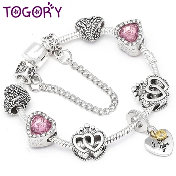 

TOGORY I LOVE YOU Pendant Charms Bracelet with Crystal Glass Beads Fit Snake Chain Fien Bracelet for Women Jewelry Pulseira