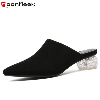 

MoonMeek fashion mules shoes woman pointed toe shallow med heels shoes suede leather shoes casual prom female shoes 2020 new