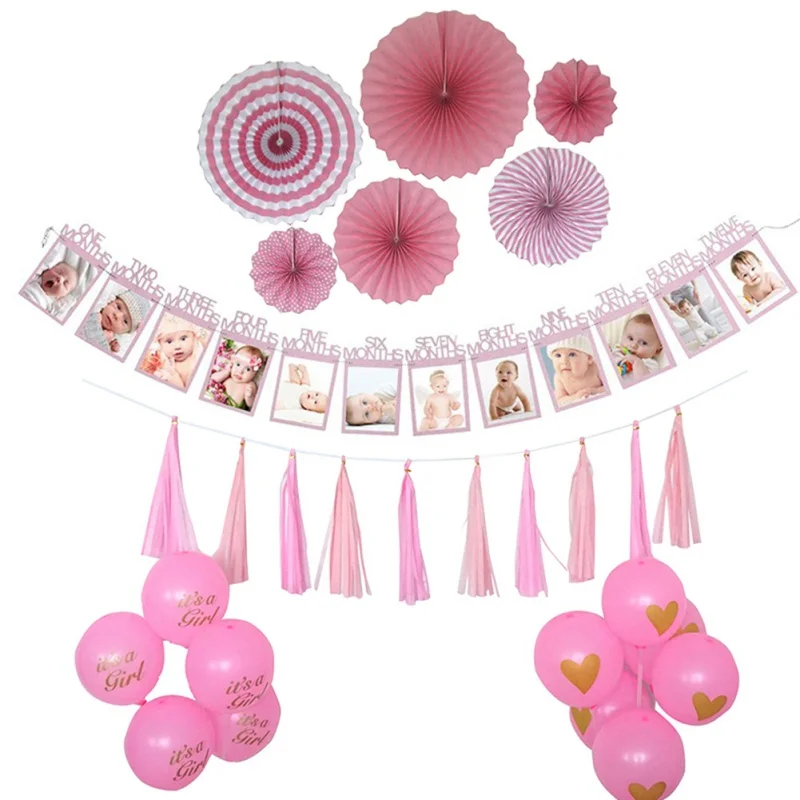 

12 Months Photo Frame Banner First Happy Birthday Decorations 1st Baby Boy Girl My 1 One Year Party Supplies Gold Pink Silver