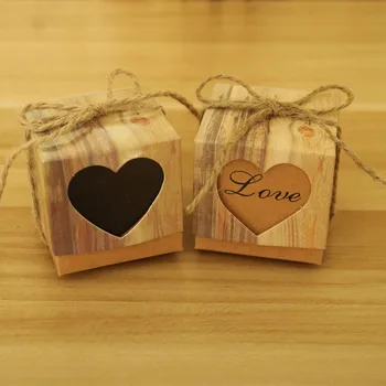 

50pcs Wedding Bonbonniere Hearts in Love Rustic Kraft Bark Candy Boxes with Burlap Chic Vintage Twine Wedding Favor Gift Box