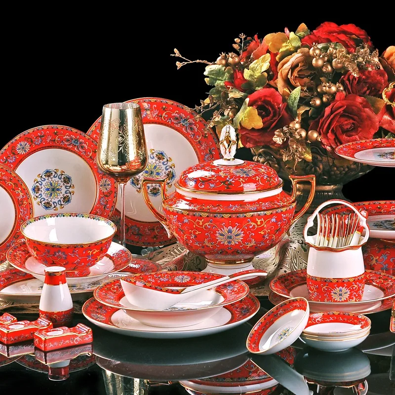 

86pieces enamel color bone china tableware set Jingdezhen painted gold high-end dishes home to move to the wedding Hotel Club