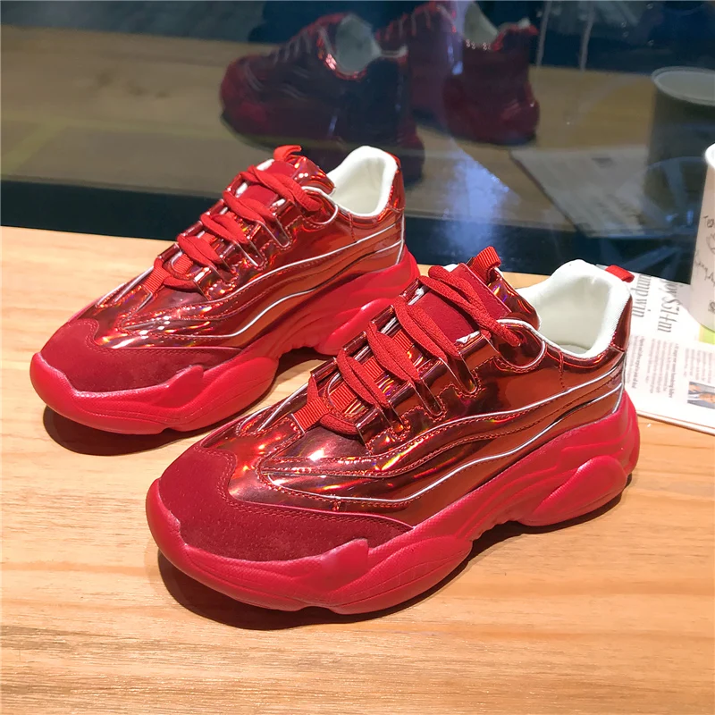 

Women's Chunky Sneakers 2019 Fashion Women Platform Shoes Lace Up Silver Pink Red Female Vulcanized Shoes Zapatos De Mujer