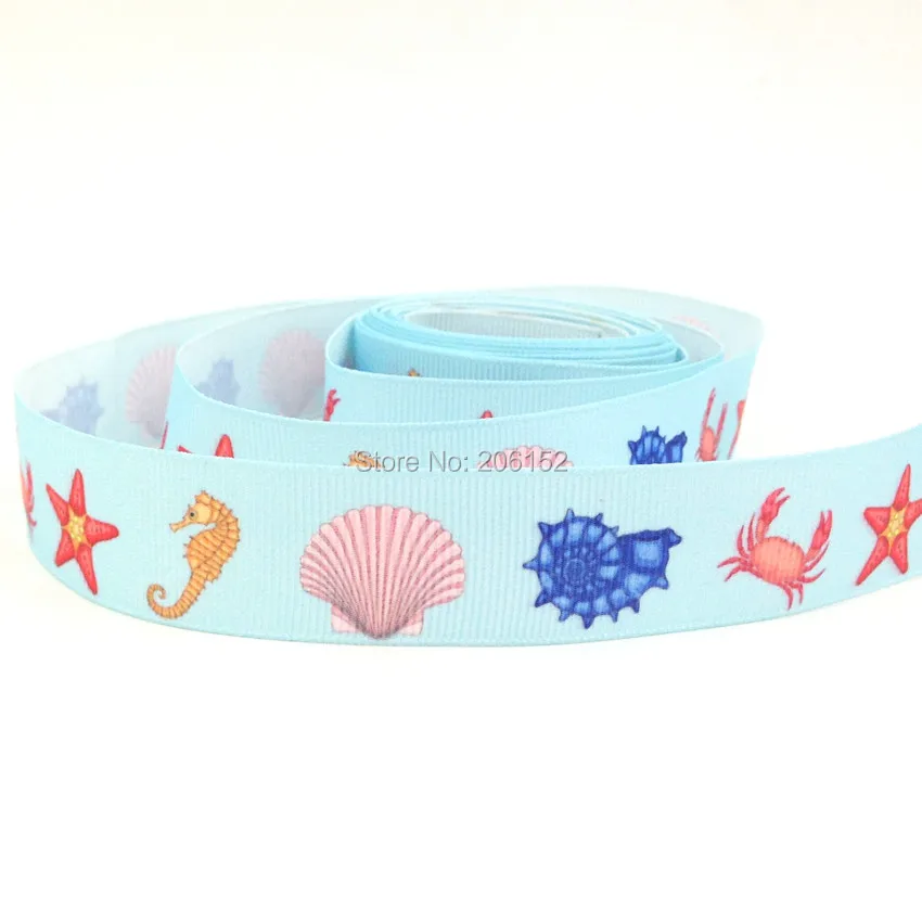 7/8'' 22mm Sea Animals Shell Starfish Sea Horse Print Grosgrain Ribbon