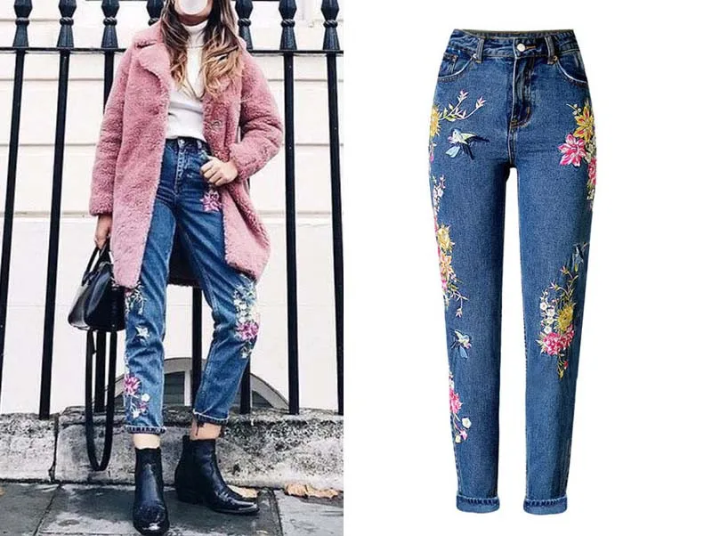 Women's three-dimensional 3D heavy process bird flower front and rear embroidery high waist Slim straight jeans large size system (6)