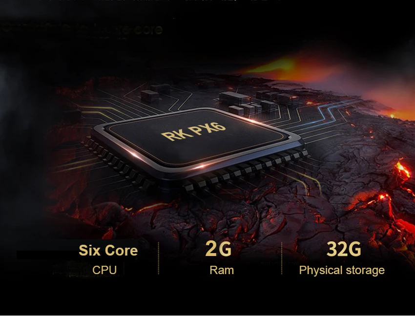 3 High performance RK PX6 Six Core processor,Dual-core Cortex-A72 up to 1.8GHz+Quad-core Cortex-A53 up to 1.5GHzMali-T864 GPU