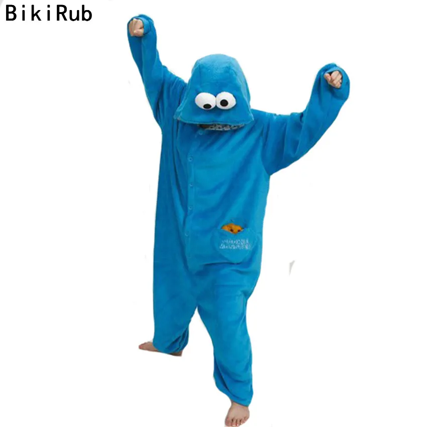 

BIKIRUB 2019 Cookie Monster Homewear Unisex Adult Winter Pajamas Cute Cartoon Pyjama Women Fleece Hooded Animal Pajama Sets