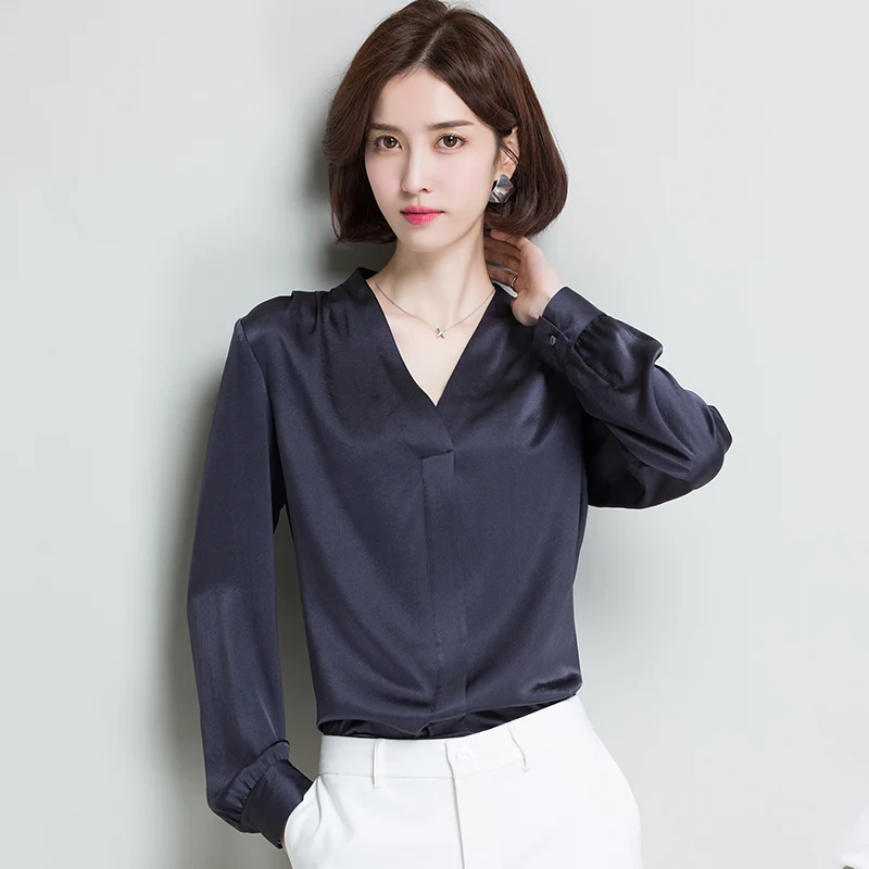 

2XL Brand 100% Silk Shirt 2019 Spring Summer Women Blouses New Pure Color Commuter OL Silk Blouses Long-sleeved Silk Tops Ladies
