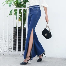 Джинсы с разрезом по бокам для женщин, синие обтягивающие расклешенные повседневные женские джинсовые штаны с высокой талией джинсы с бахромой стрейч Femme Новинка