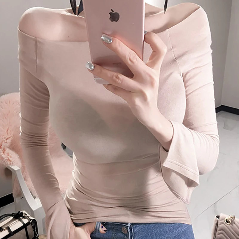 

Shintimes Sexy Slash Neck T Shirt Women Korean Style Clothes Slim Tshirt Elasticity T-Shirt 2018 Casual Long Sleeve Womens Tops