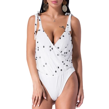 

New Polka Dot Printed Sexy Bodysuits Women White Sleeveless Summer Slim Rompers Womens Jumpsuit Basic Playsuit Womens Tops