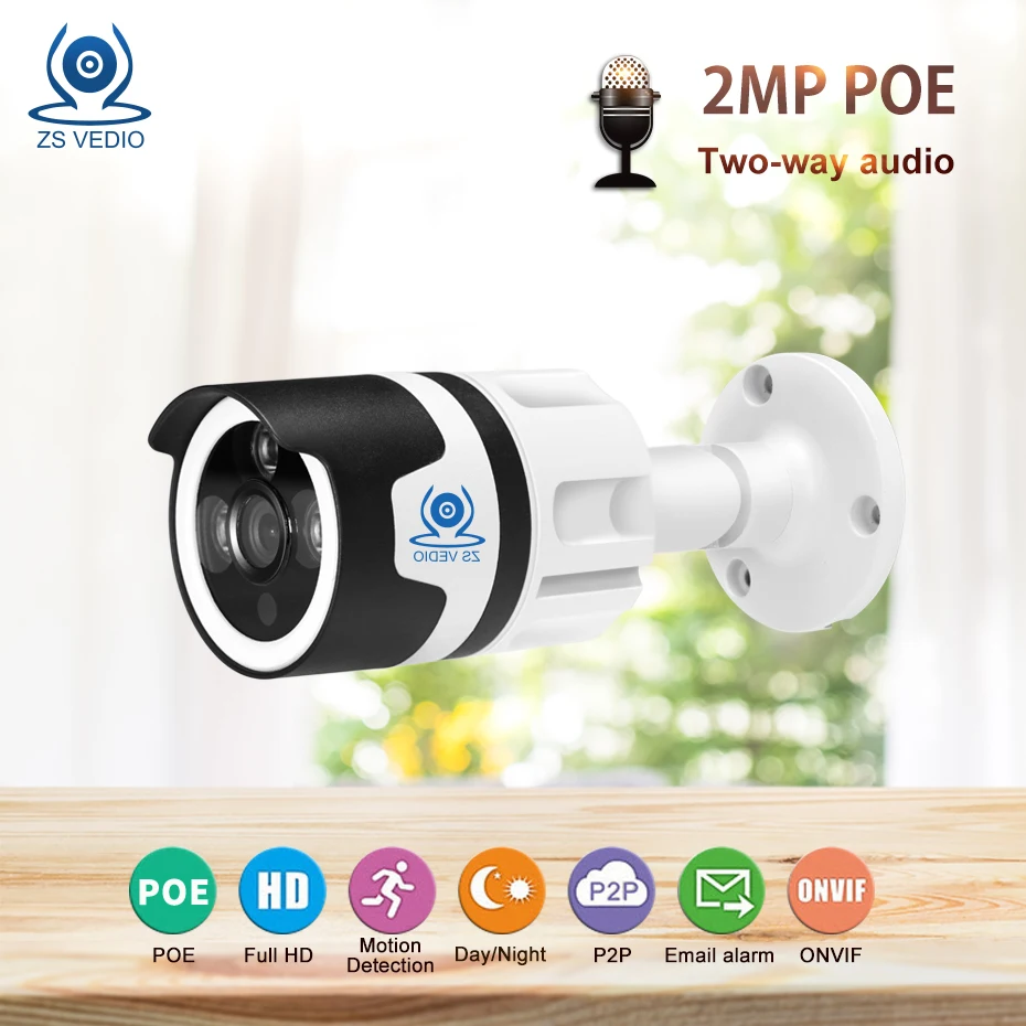 

ZSVEDIO H.265 1080P 2.0MP 48V Buil-in POE Audio IP Camera SD Card Slot Outdoor Waterproof P2P Night Vision Onvif2.1