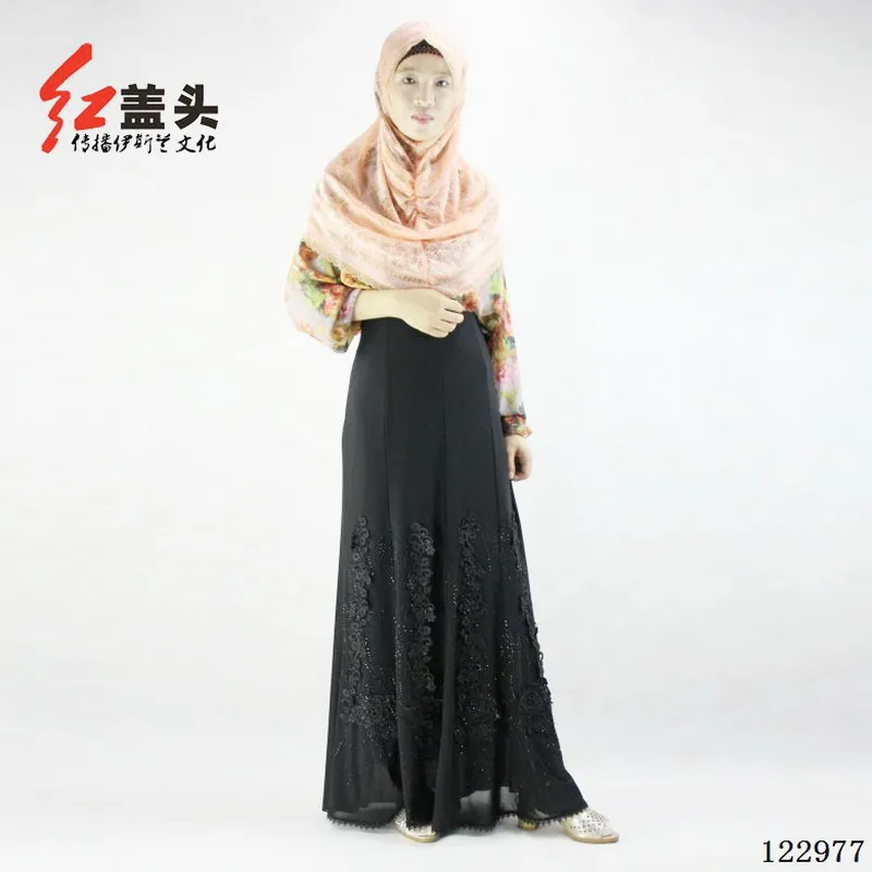 

Muslim women islamic dress abaya Lace + Yarn skirt with embroidery and rhinestone Skirts musulman black abaya 106cm 122677