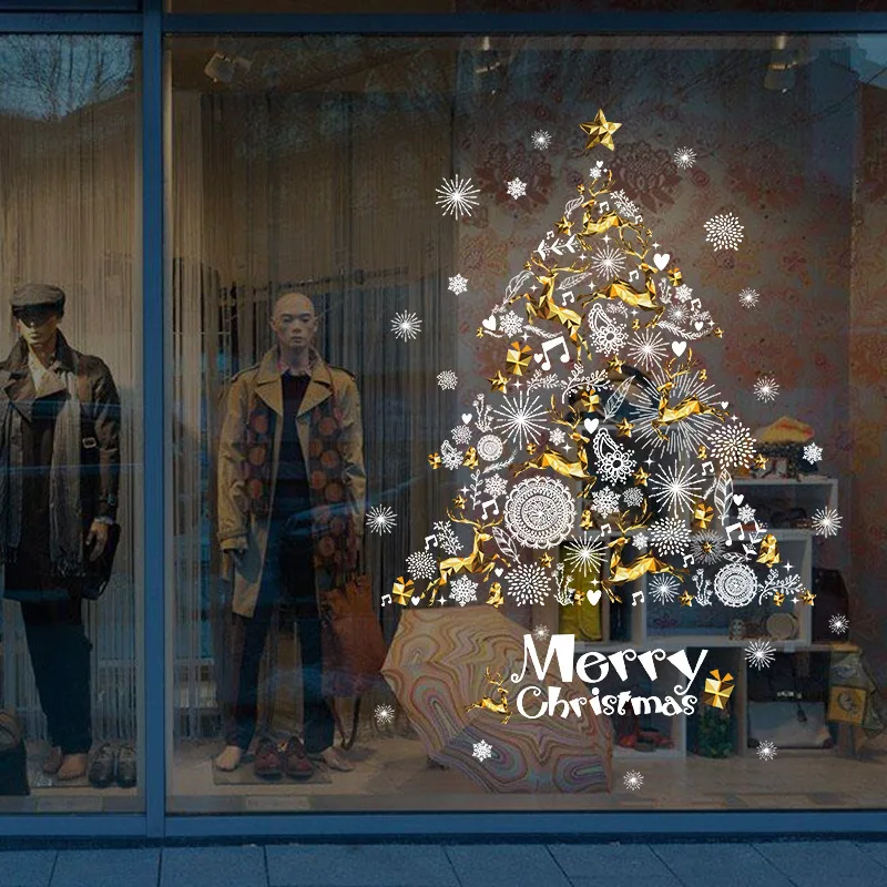 Год веселая Рождественская елка снежинка оконные стеклянные дверные оконные наклейки украшение магазина съемные наклейки Navidad Natal