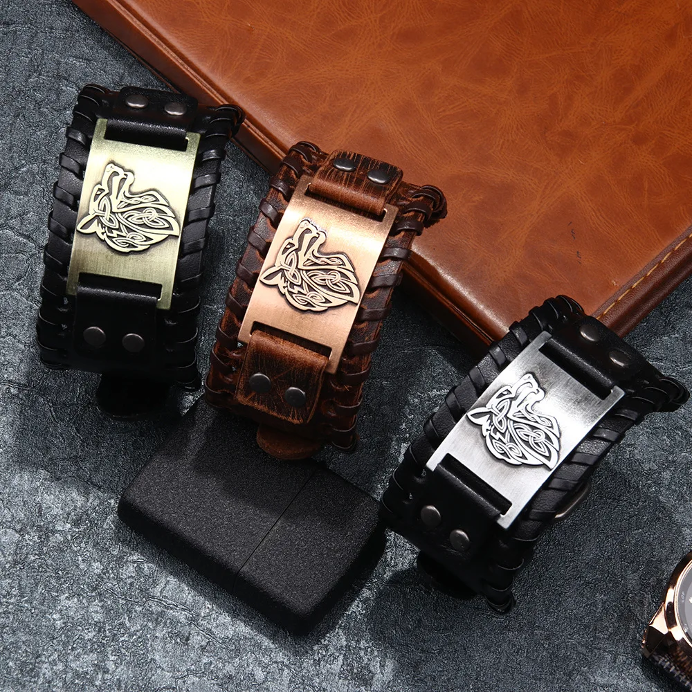 

Doreen Box Vintage PU Leather Bracelet Bangles Adjustable Hand Wave Wolf Head Bangles For Men Party Club Casual Fashion Jewelry