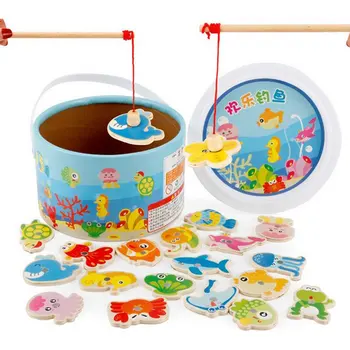 

Barreled Wooden Magnetic Fishing Toys set Baby Bath Toy Learning Education play set Fishing Game kids Indoor Outdoor Fun Baby