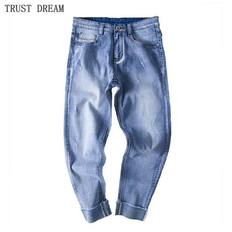 Men's Stretch Harem Denim Pant Light Blue Casual Big Trousers Fashion Ruff Leg Plus Size 30-46 Leisure Quality Men Fit Jeans
