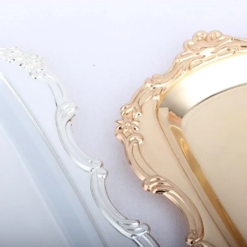 Silber Gold Gericht Platten Kuchen Tablett Geschnitzte Rand Hochzeit Декор десертный лоток Edelstahl Gerichte|Лотки для