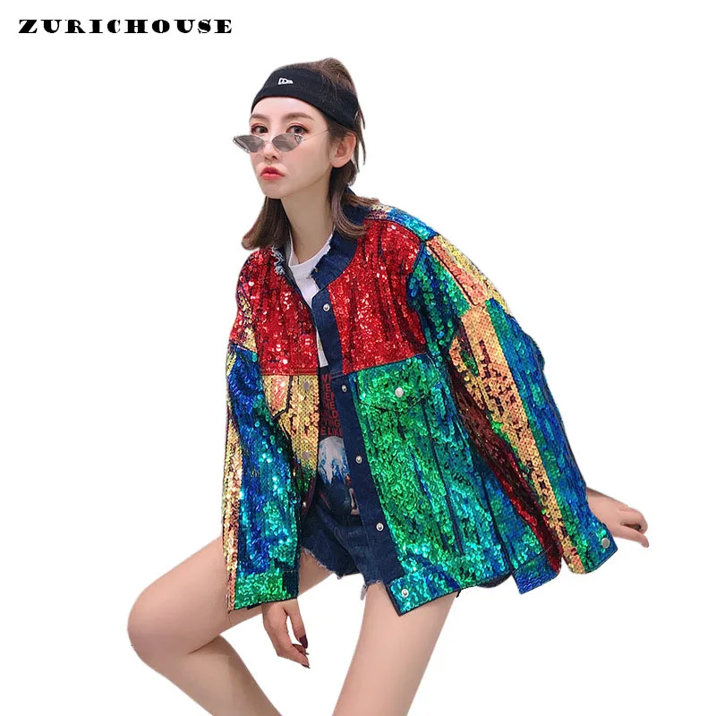 

Fashion Hit Color Sequin Denim Jacket Women Spring Jeans Coat 2019 New Steampunk Streetwear Stand Collar Frayed Jean Jacket