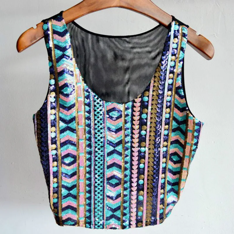 

Exotic Embroidery Sequins Vest High Waist U-Neck Geometric Beading Sleeveless Sequined Tees Lady Stage Show Dance Tank Tops 2018