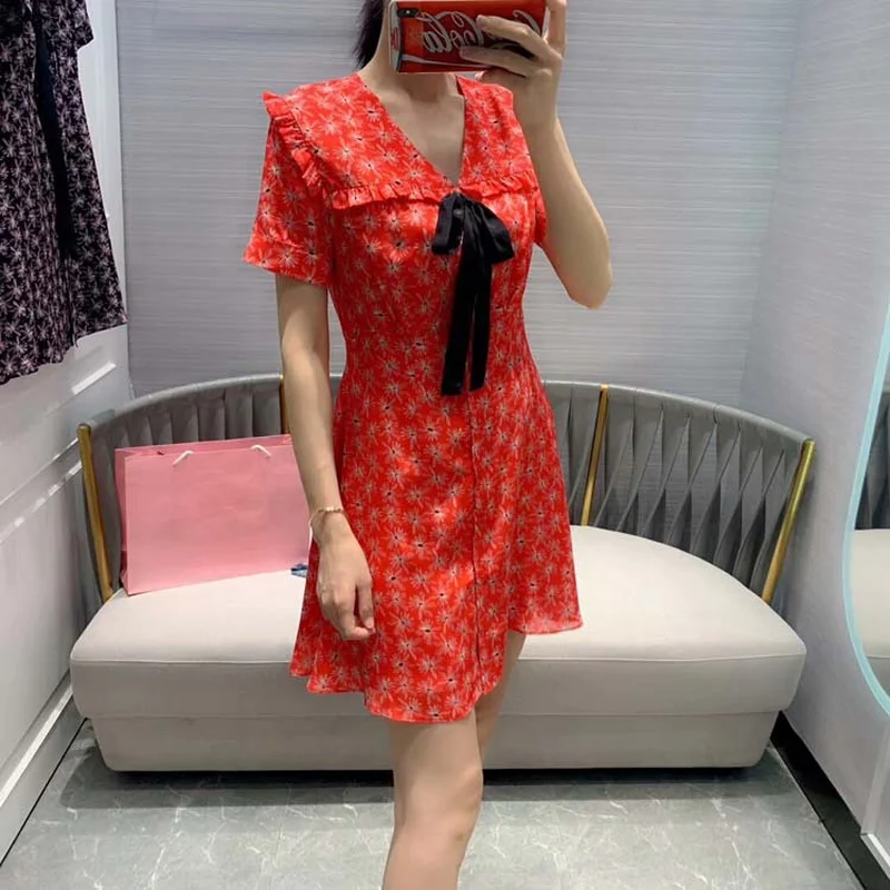 

2019 Summer Women Real Silk Short Sleeve Floral Print Dress Girls Sweet Big Turn Down Collar Mini Dresses Red Black Jc3233