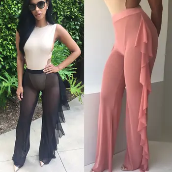 

HOT Women Ruffle Pant Sexy Ladies Palazzo Mesh Flared Wide Leg Pants Casual Woman Leggings High Waist Baggy Long Trousers