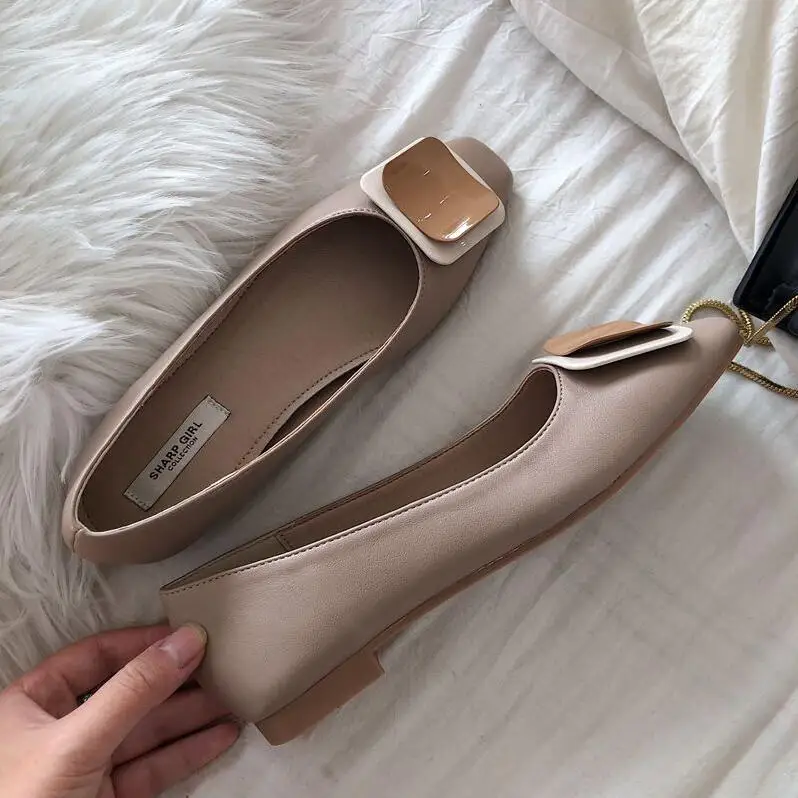 Femmes Couleur Tête Métal Mujer 2019 Ballet En Zapatos Carrée kaki Glissement Pu Appartements vert Printemps Plat Bonbons Sport Boucle De Nouveau Chaussures Apricot Sur Tw4qtY64