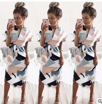 

Summer Dress 2019 Women Boho Style Geometric Print Beach Dress Elegant Party Dresses with Belt Vestidos de fiesta Plus Size XXXL