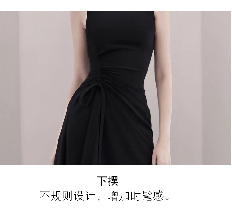 Летнее платье миди vestidos женский, черный с круглым вырезом офисное платье без рукавов пикантные вечерние драпированные леди нерегулярные платья роковой