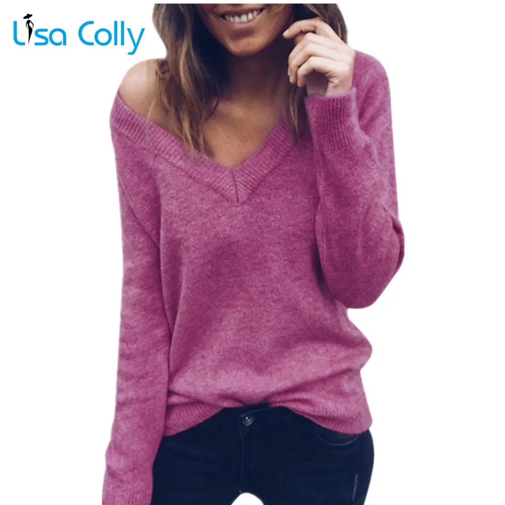 

Lisa Colly New Women Knitted Sweater Women Long Sleeve V-Neck Pullover Sweater Sexy Backless Pullover Casual black,gray Sweater
